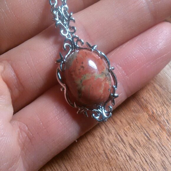 Unakite Silvertone Pendant Stainless Steel Necklace - Picture 7 of 12